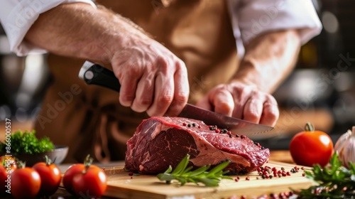 Detailed top sirloin and cap rump steak on wooden board, chef's hands prepping meat, marbling visible, cozy kitchen atmosphere photo