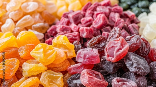 Dried fruit heap, distinct piles of various types, detailed textures, vibrant hues, organized and visually appealing photo