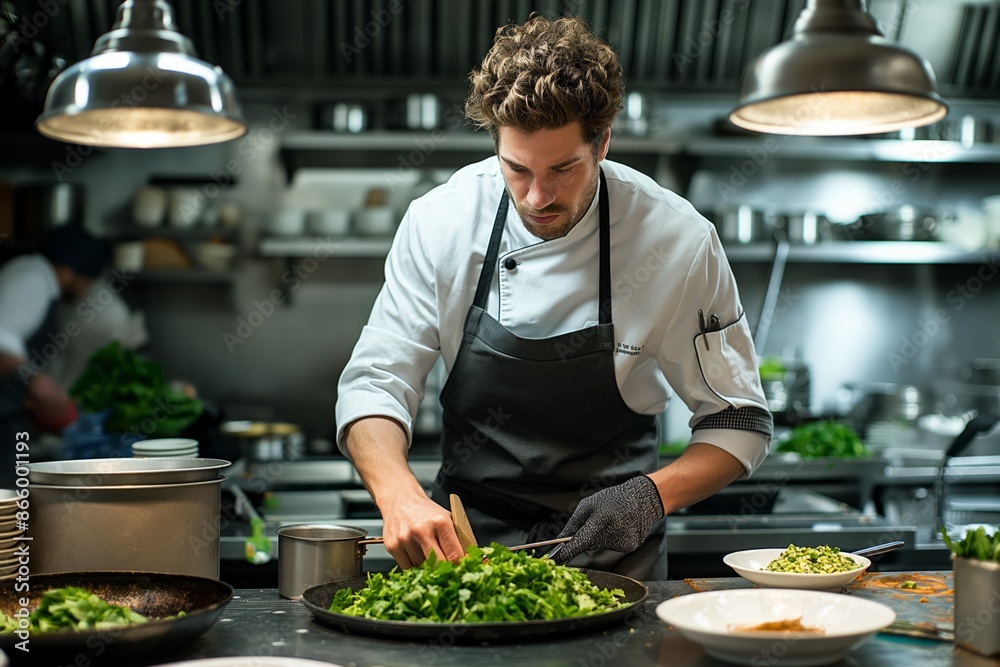 Minimalist kitchen with chef preparing gourmet meal Minimalist kitchen with chef preparing gourmet meal