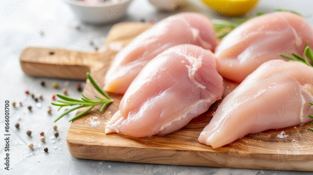 Fresh raw chicken breast on a wooden chopping board, detailed fillets, clean kitchen setting, vibrant colors, ready for meal prep Fresh raw chicken breast on a wooden chopping board, detailed fillets, clean kitchen setting, vibrant colors, ready for meal prep