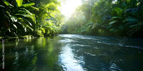 Sunlight filtering through dense foliage over tropical river. Concept Nature, Sunlight, Foliage, Tropical River, Photography