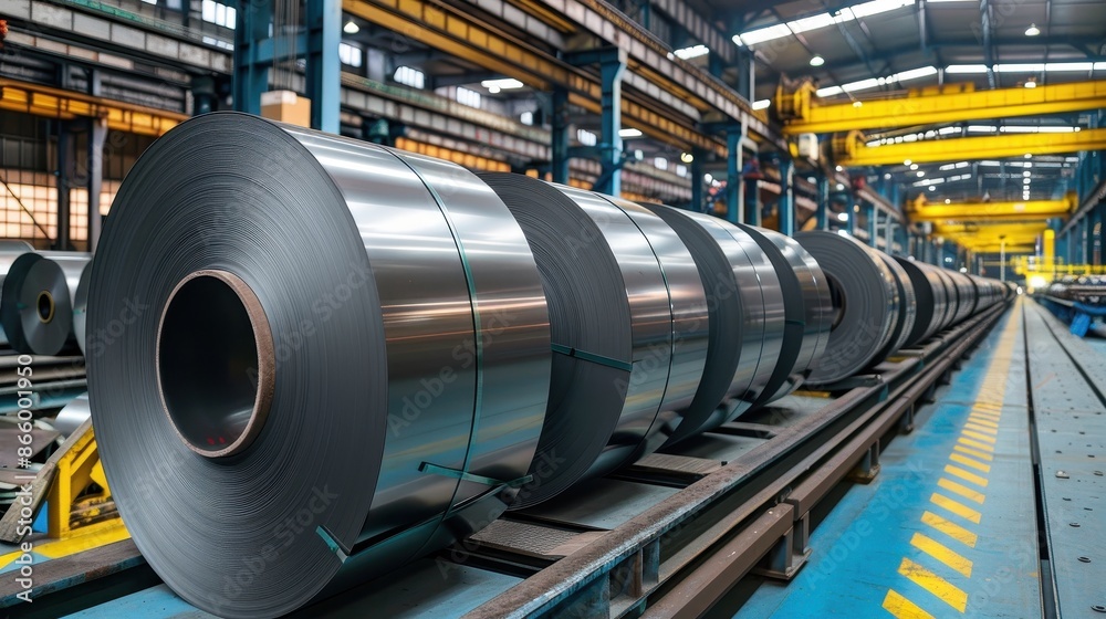 Coils of steel moving along a conveyor belt in a factory Coils of steel moving along a conveyor belt in a factory
