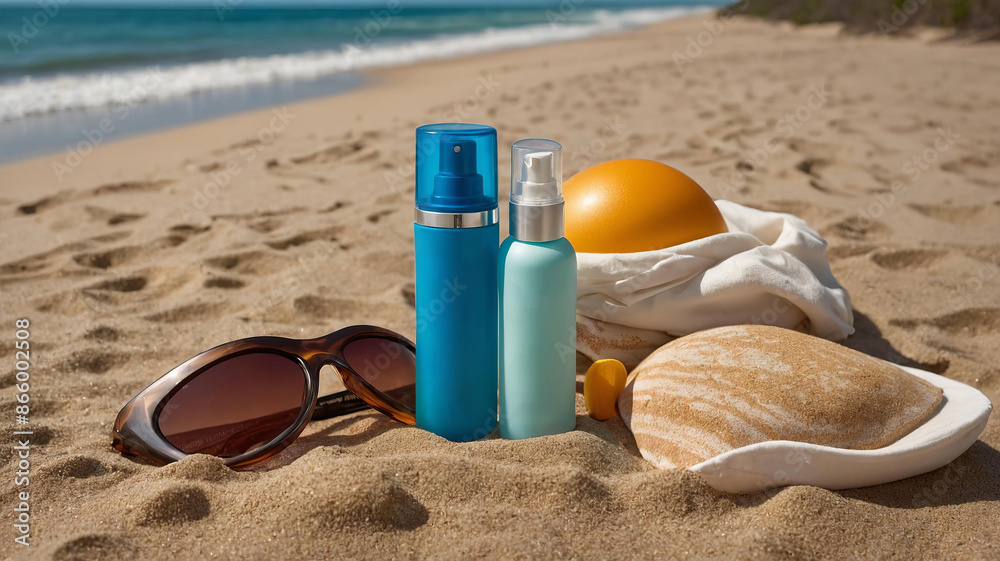 Close-up of sunscreen bottles, sunglasses, beach bag on sand with clear blue ocean in background. Body skincare routine products Close-up of sunscreen bottles, sunglasses, beach bag on sand with clear blue ocean in background. Body skincare routine products