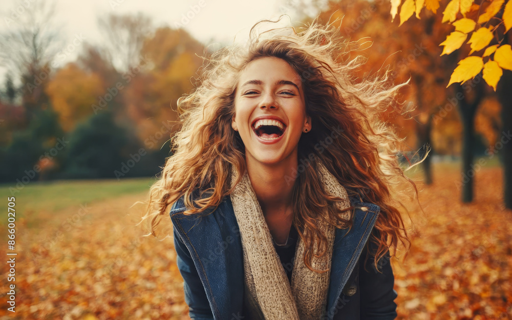 Naklejka premium Happy young female outdoors, welcoming fall season, vibrant autumn leaves backdrop, cheerful mood, nature beauty, stylish warm clothing for cooler weather, celebrating change of seasons