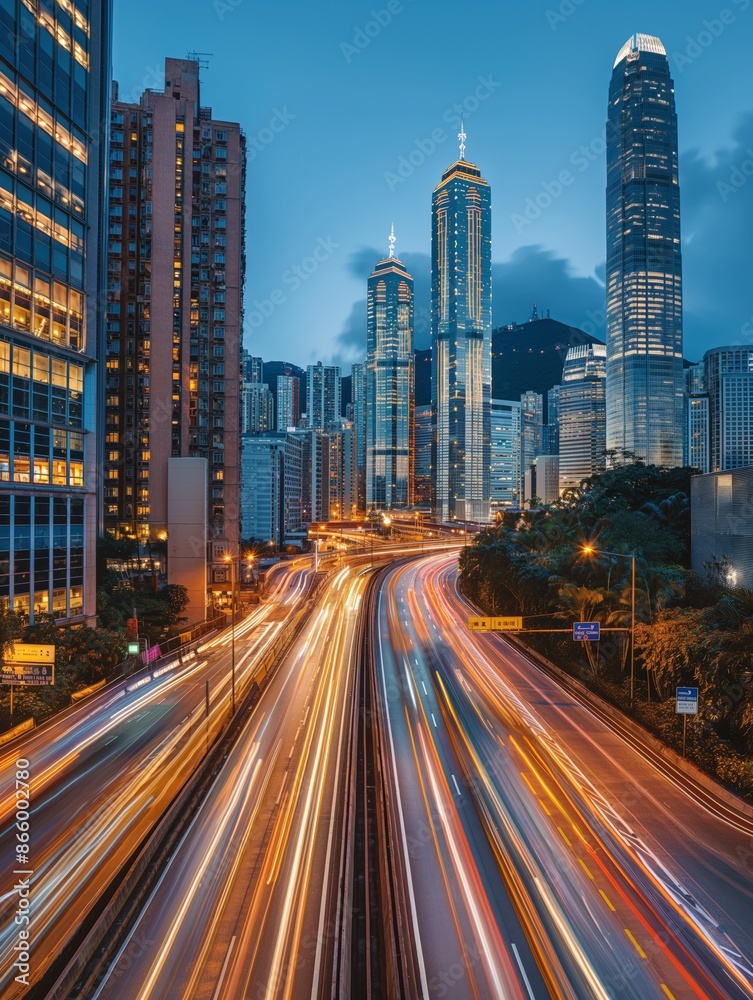 Fototapeta premium Bustling metropolis with traffic at twilight