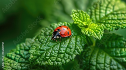 Ladybug on green leaf in nature
