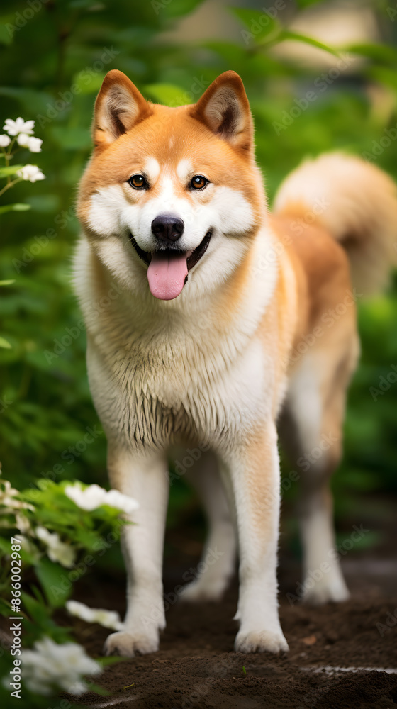 Gorgeous, Playful and Majestic Akita Dog in a Vibrant Outdoor Setting Displaying Breed's Unique Traits. Gorgeous, Playful and Majestic Akita Dog in a Vibrant Outdoor Setting Displaying Breed's Unique Traits.