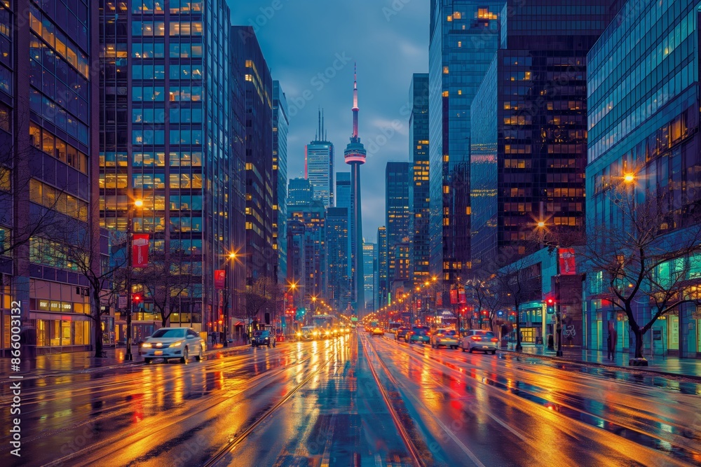 Fototapeta premium Bustling metropolis with traffic at twilight