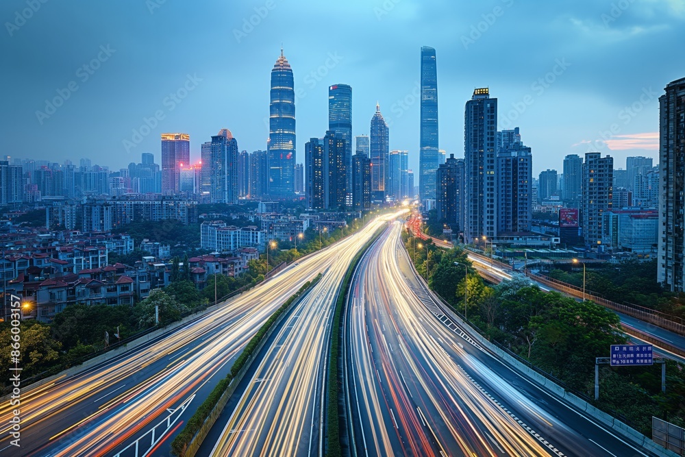 Fototapeta premium Bustling metropolis with traffic at twilight