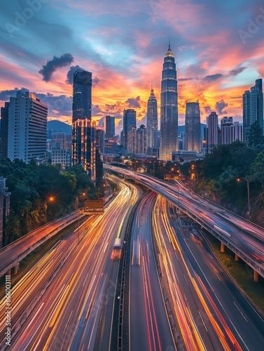 Bustling metropolis with traffic at twilight © Benjamin
