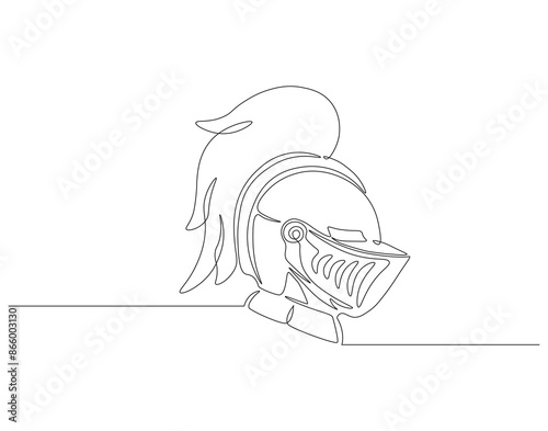 Continuous one line drawing of roman warrior helmet mask. One line drawing illustration of knight iron mask. Knight mask concept singe line. Editable outline.