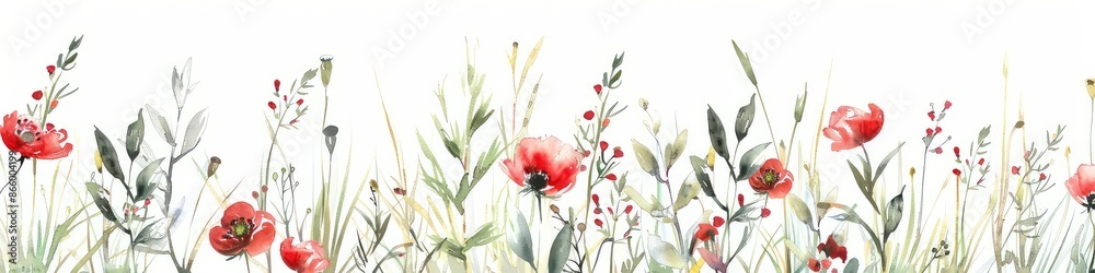 Watercolor tall grass and red poppys on a white background Watercolor tall grass and red poppys on a white background