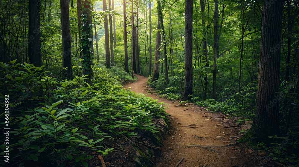 Fototapeta premium Scenic Forest Path with Lush Greenery and Tall Trees