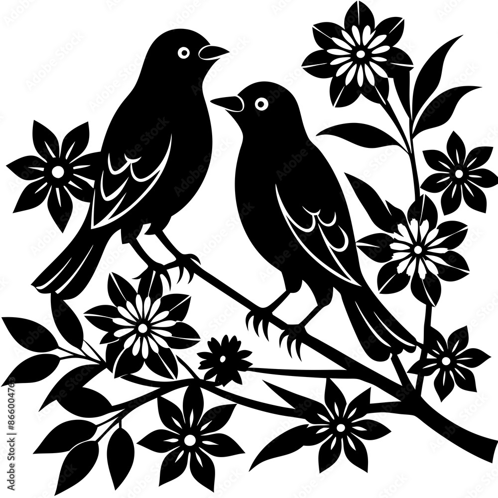 Fototapeta premium Bird silhouette on branch vector birds in love. 