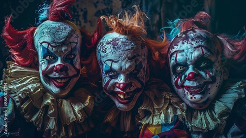 Three evil clowns with creepy face paint and costumes