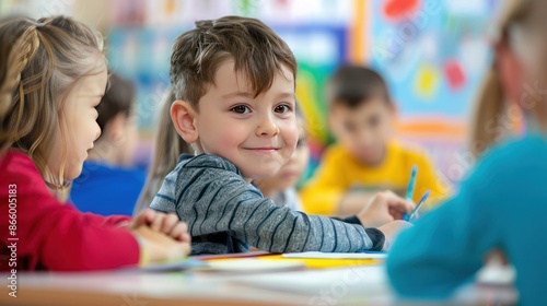 A young boy smiles at the camera while sitting at a table with other children in a classroom.