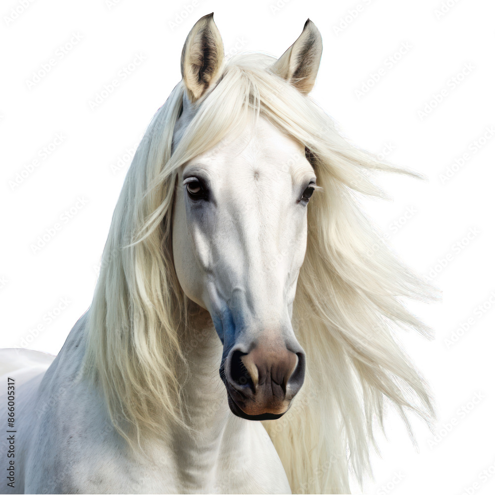 A white horse with a long mane portrait isolated on transparent background A white horse with a long mane portrait isolated on transparent background