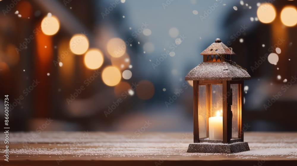 A lit lantern on a wooden table at a Christmas market. Decorated and illuminated outdoor tables of a restaurant or cafe. Snowy winter day
