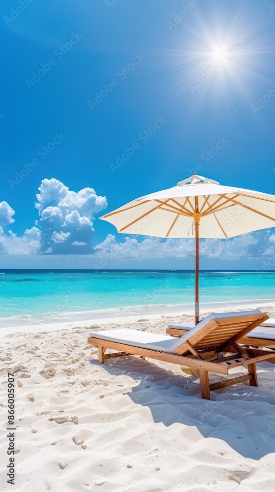 Obraz premium Two lounge chairs on white sand beach with an umbrella