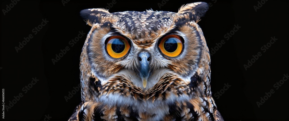 Close Up Portrait of a Grey and White Owl With Orange Eyes Against a Black Background Close Up Portrait of a Grey and White Owl With Orange Eyes Against a Black Background