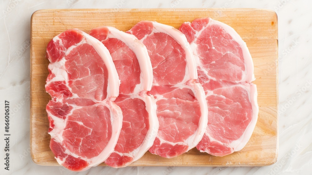 Fresh raw pork loin sliced into even portions, ready for cooking, detailed marbling, clean cutting board, vibrant and fresh appearance Fresh raw pork loin sliced into even portions, ready for cooking, detailed marbling, clean cutting board, vibrant and fresh appearance