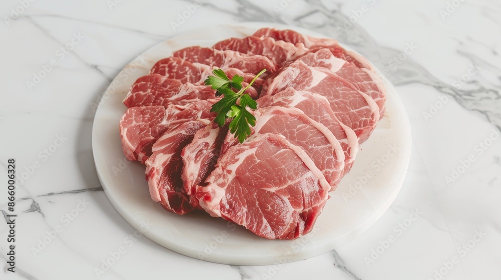 Fresh raw pork loin sliced into portions, detailed view, ready for cooking, marbled meat, clean kitchen setup Fresh raw pork loin sliced into portions, detailed view, ready for cooking, marbled meat, clean kitchen setup