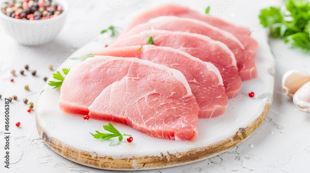 Fresh raw pork loin sliced into portions, detailed view, ready for cooking, marbled meat, clean kitchen setup Fresh raw pork loin sliced into portions, detailed view, ready for cooking, marbled meat, clean kitchen setup