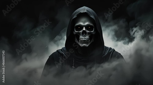Halloween creepy and horror black grim reaper surrounded by black smog