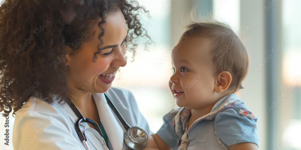A smiling pediatrician examining a cute infant in a hospital clinic, providing expert medical care. A smiling pediatrician examining a cute infant in a hospital clinic, providing expert medical care.