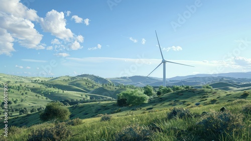 A single wind turbine stands tall against a backdrop of rolling green hills and a bright blue sky with fluffy clouds.