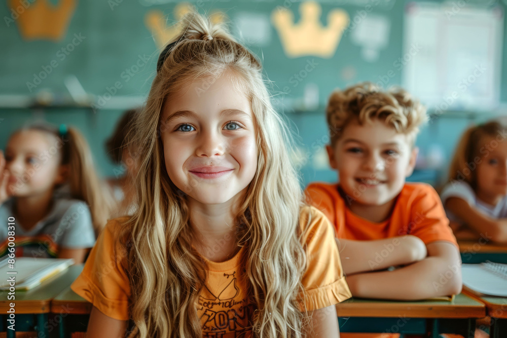 Blond girl with blue eyes smiles in a classroom, classmates in the background. Blond girl with blue eyes smiles in a classroom, classmates in the background.