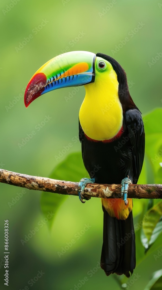 A toucan with a vibrant beak perched on a branch A toucan with a vibrant beak perched on a branch