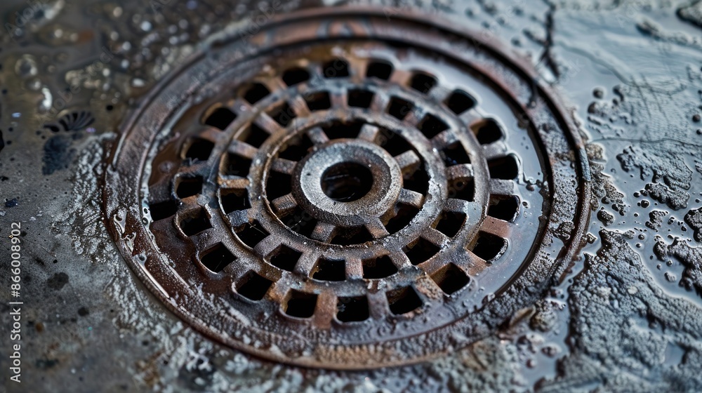 Close up view of a circular metal manhole cover in Penang Malaysia Close up view of a circular metal manhole cover in Penang Malaysia