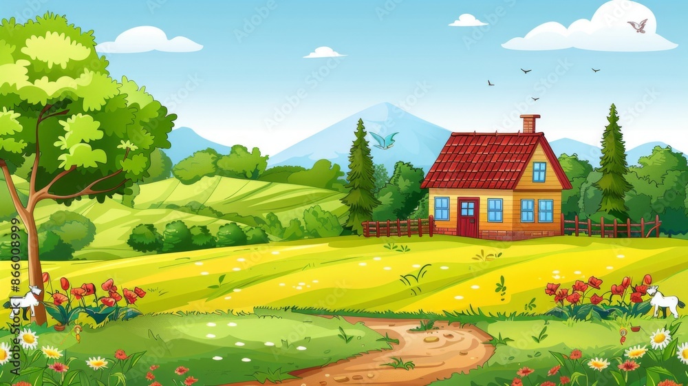 Scenic Illustration of a Countryside House. Sunny Landscape with Fields, Flowers, and Mountains Scenic Illustration of a Countryside House. Sunny Landscape with Fields, Flowers, and Mountains