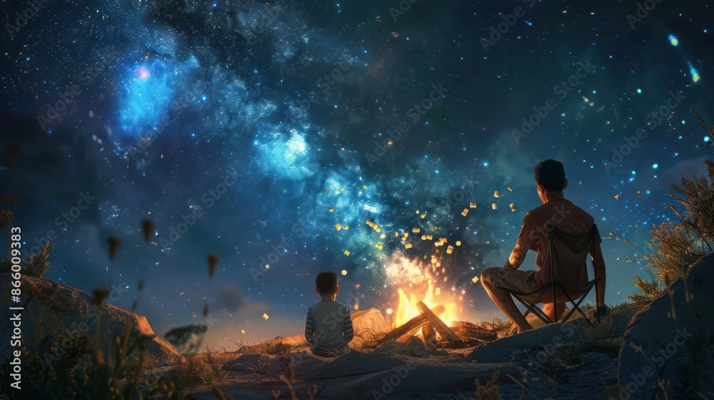 Two figures sit by a campfire under a starry night sky. The flames illuminate their faces and the surrounding landscape. A sense of peace and wonder fills the scene. Two figures sit by a campfire under a starry night sky. The flames illuminate their faces and the surrounding landscape. A sense of peace and wonder fills the scene.