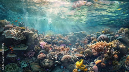 Fototapeta Naklejka Na Ścianę i Meble -  Sunbeams illuminate a vibrant coral reef teeming with colorful fish.