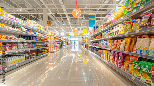 A busy grocery store filled with processed foods, with certain items highlighted blur in background photo