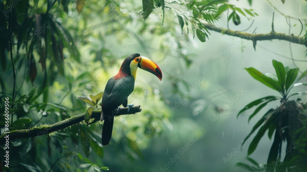 A toucan rests on a branch in a tropical rainforest A toucan rests on a branch in a tropical rainforest