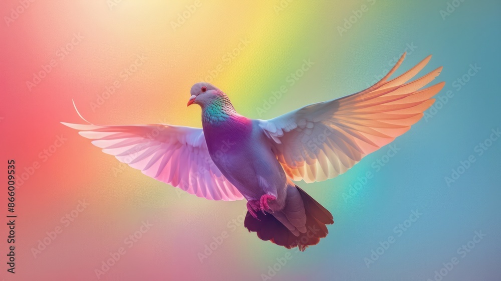 A colorful dove in flight against a vibrant rainbow background. Symbol of peace, hope, and new beginnings. A colorful dove in flight against a vibrant rainbow background. Symbol of peace, hope, and new beginnings.