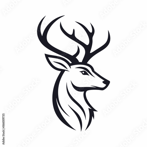 A drawing of a deer head in black and white with antlers
