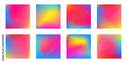 Set of modern square gradient banners. Bright blurry vector multicolor backgrounds. Blurred effect electric vibrant backdrops for social media post. Beautiful vivid muliticolor mesh backgrounds