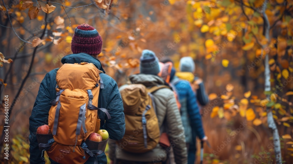 A group of hikers walk through a vibrant autumn forest, their backpacks filled with adventure. A group of hikers walk through a vibrant autumn forest, their backpacks filled with adventure.