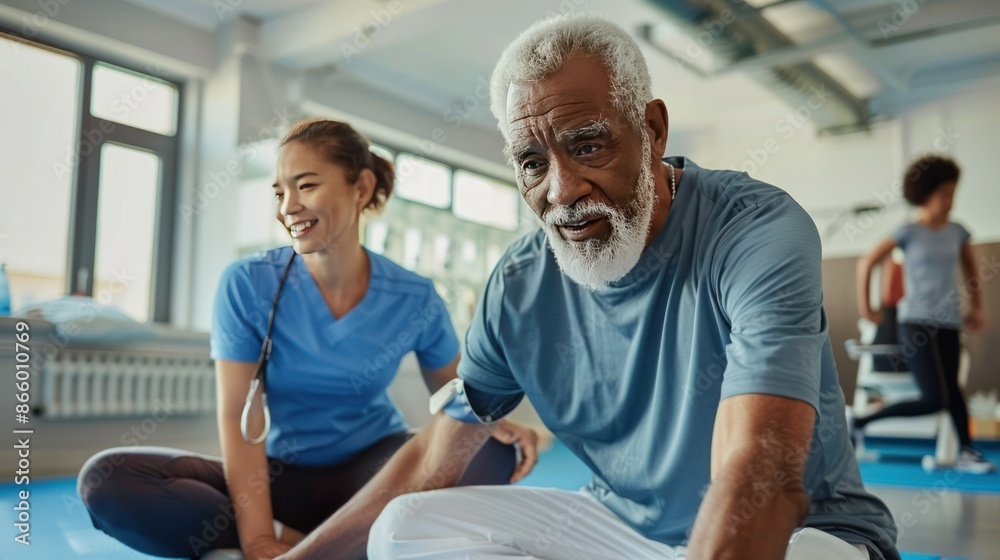 Fototapeta premium A senior man exercises with a personal trainer in a gym. The trainer is smiling while the man is focused on his workout.