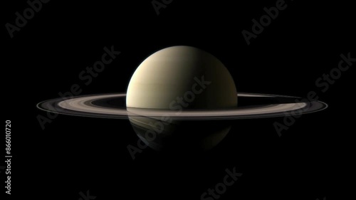 Saturn with rings. Planet rotating isolated on a black background.
 photo