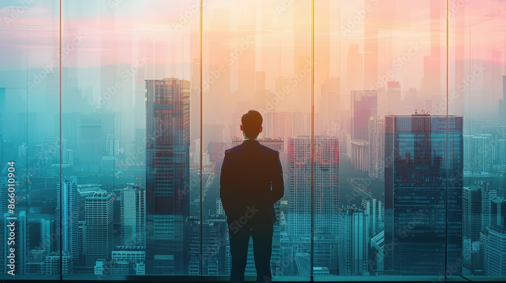Silhouette of a businessman standing in front of a large window overlooking a modern cityscape at dawn, representing ambition and opportunity. Silhouette of a businessman standing in front of a large window overlooking a modern cityscape at dawn, representing ambition and opportunity.