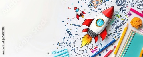 Hand-drawn rocket with school supplies on white background, creative back to school theme, copy space on the left.