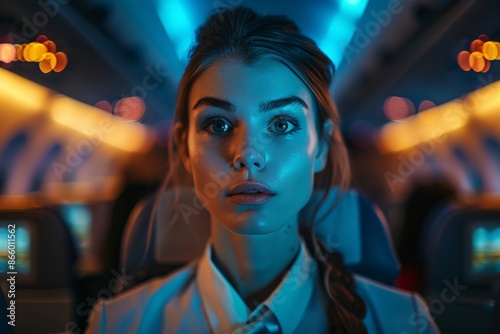 Close-up young female flight attendant with braided hair, seated in airplane under blue ambient lighting, focus and professionalism in managing passenger comfort safety, showcasing modern aviation. photo