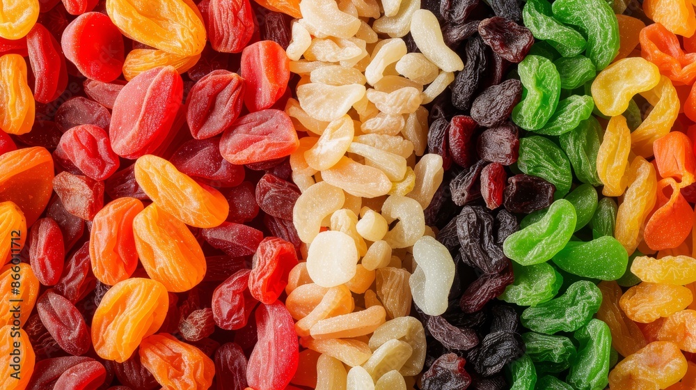 Heaps of dried fruits, separated and organized, vibrant colors, detailed textures, appetizing and well-presented Heaps of dried fruits, separated and organized, vibrant colors, detailed textures, appetizing and well-presented