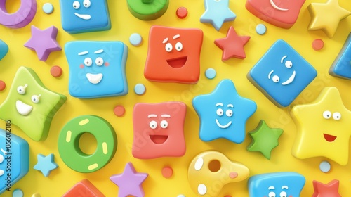 Colorful cartoon shapes with faces on a yellow background.