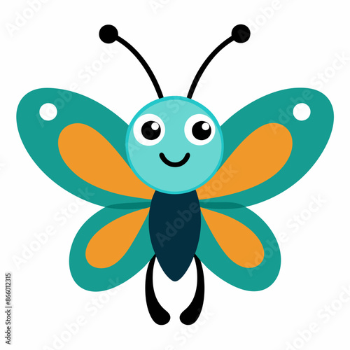 A happy cartoon butterfly with symmetrical blue and orange wings is smiling